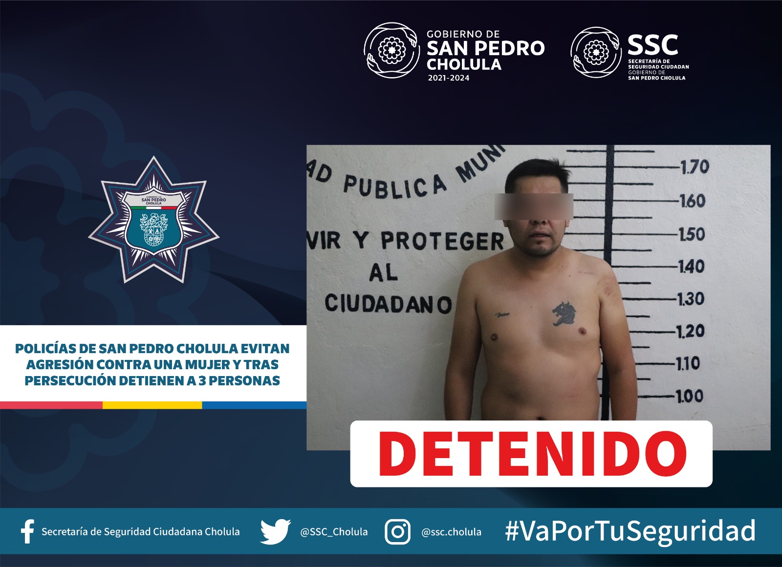 Comunicado oficial Policías de San Pedro Cholula evitan agresión contra una mujer y tras persecución detienen a 3 personas