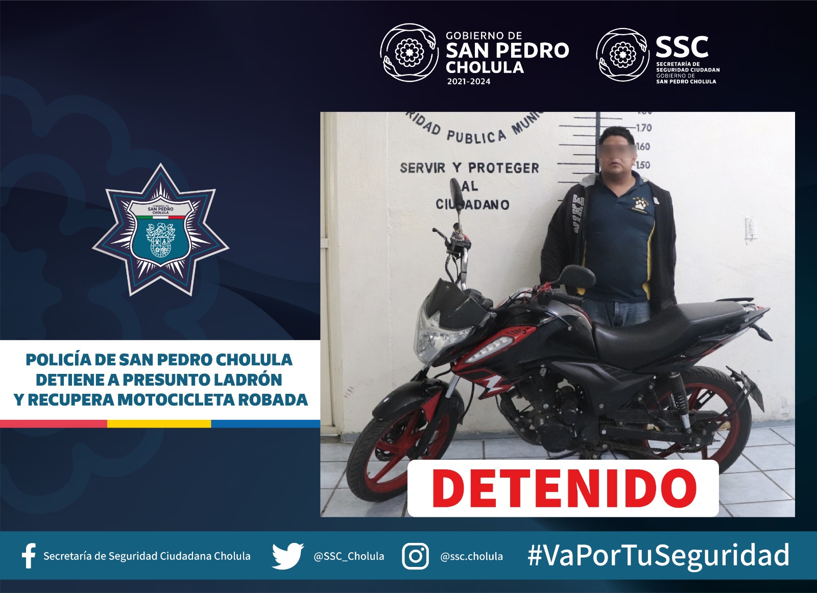 Comunicado oficial Policía de San Pedro Cholula detiene a presunto ladrón y recupera motocicleta robada