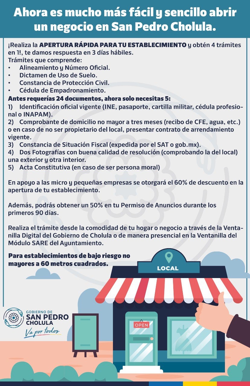 Comunicado oficial San Pedro Cholula ya cuenta con apertura rápida de establecimientos en favor de micro y pequeñas empresas