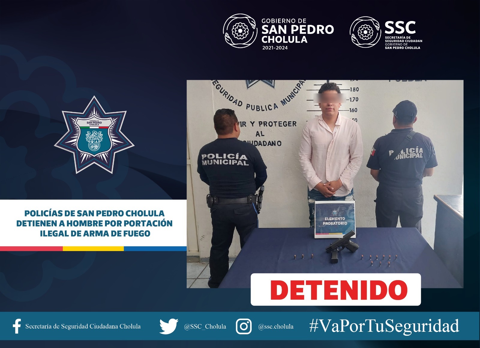 Policías de San Pedro Cholula detienen a hombre por portación ilegal de arma de fuego