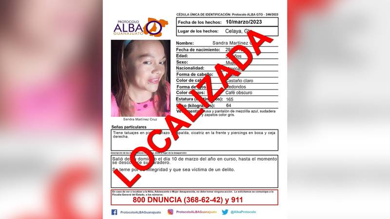 Por: Cortesía Encuentran con vida a Sandra Martínez, mujer desaparecida en Celaya, Guanajuato