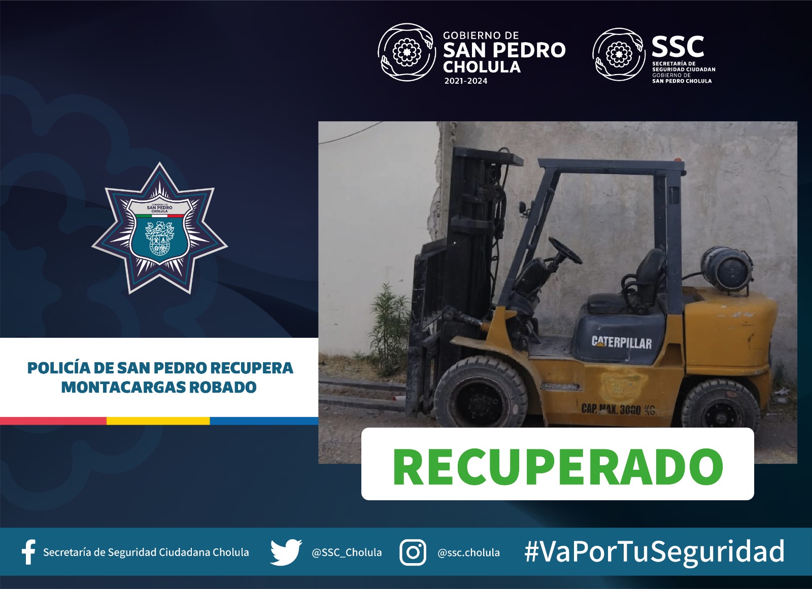 Comunicado oficial Policía de San Pedro recupera montacargas robado