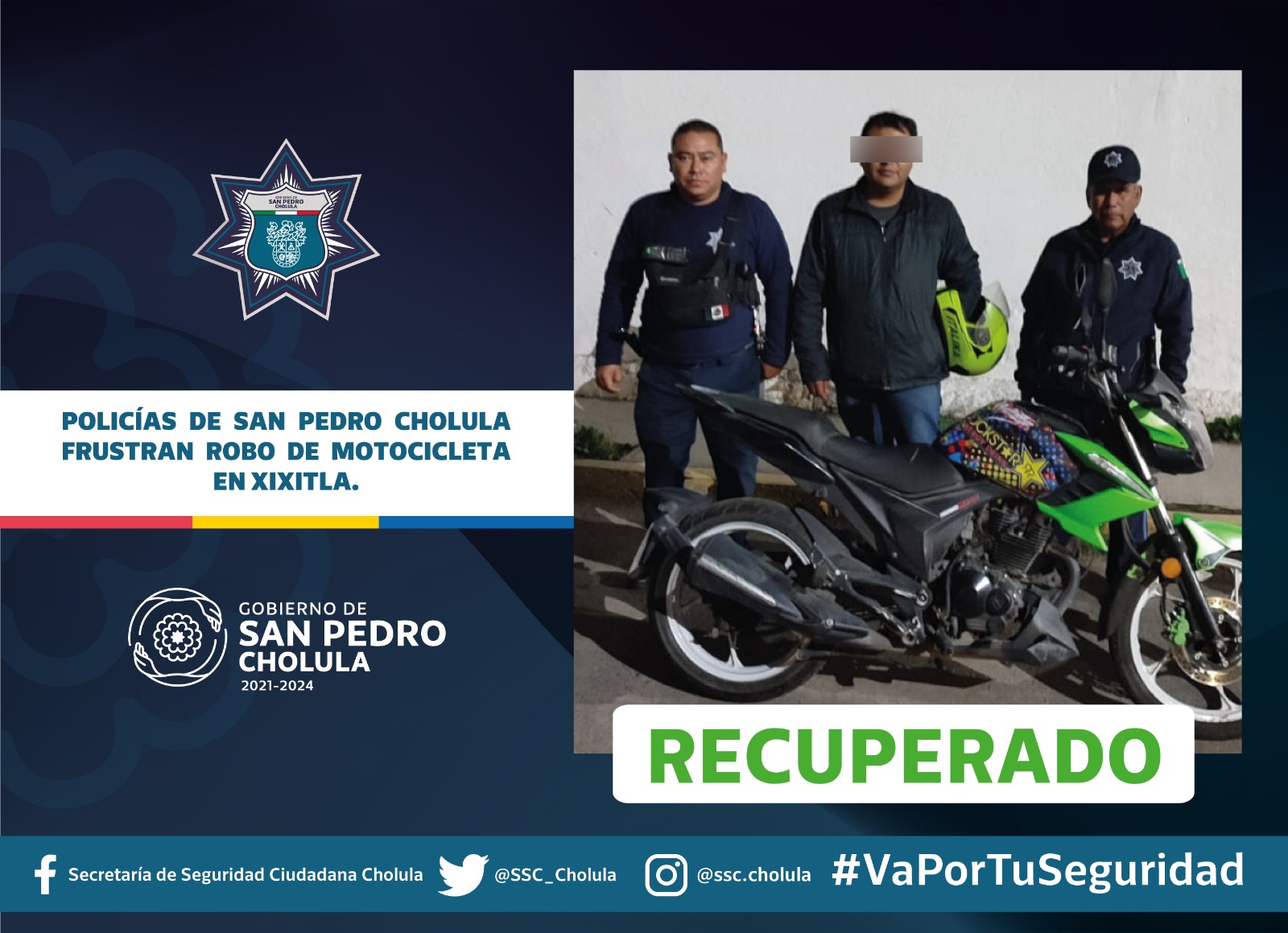 Comunicado oficial Policías de San Pedro Cholula frustran robo de motocicleta en Xixitla