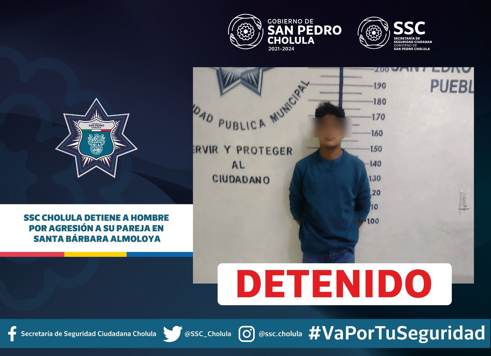 Comunicado oficial SSC Cholula detiene a hombre por agresión a su pareja en Santa Bárbara Almoloya