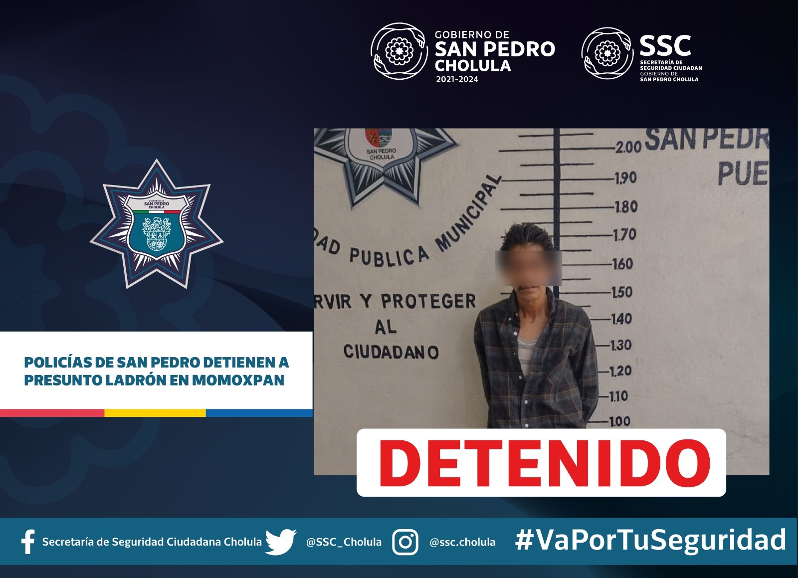 Comunicado oficial Policías de San Pedro detienen a presunto ladrón en Momoxpan