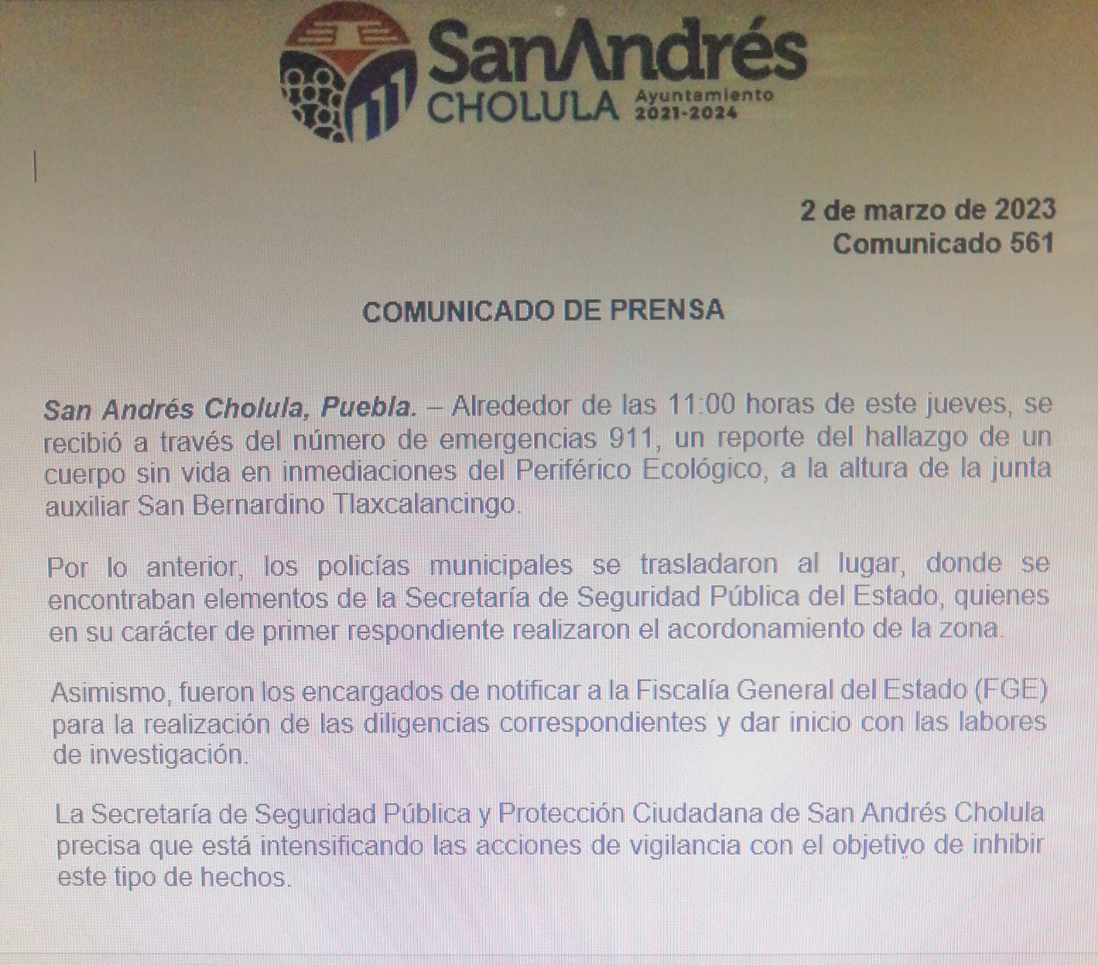 Comunicado oficial Hallan cuerpo en inmediaciones del Periférico Ecológico: San Andrés Cholula