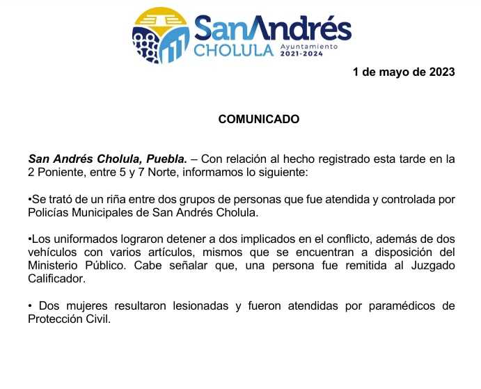 Comunicado oficial Riña entre dos grupos de personas en SACH es controlado por SSPPC
