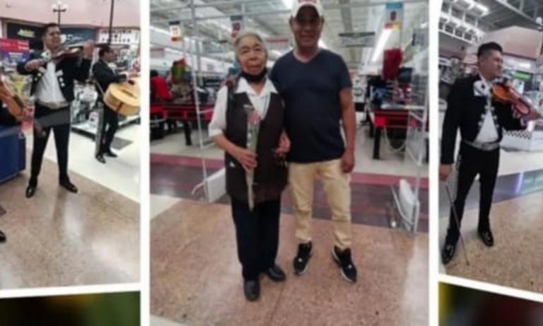 Por: Cortesía hijo de lleva mariachis al súper para su mamá empacadora en día de las madres
