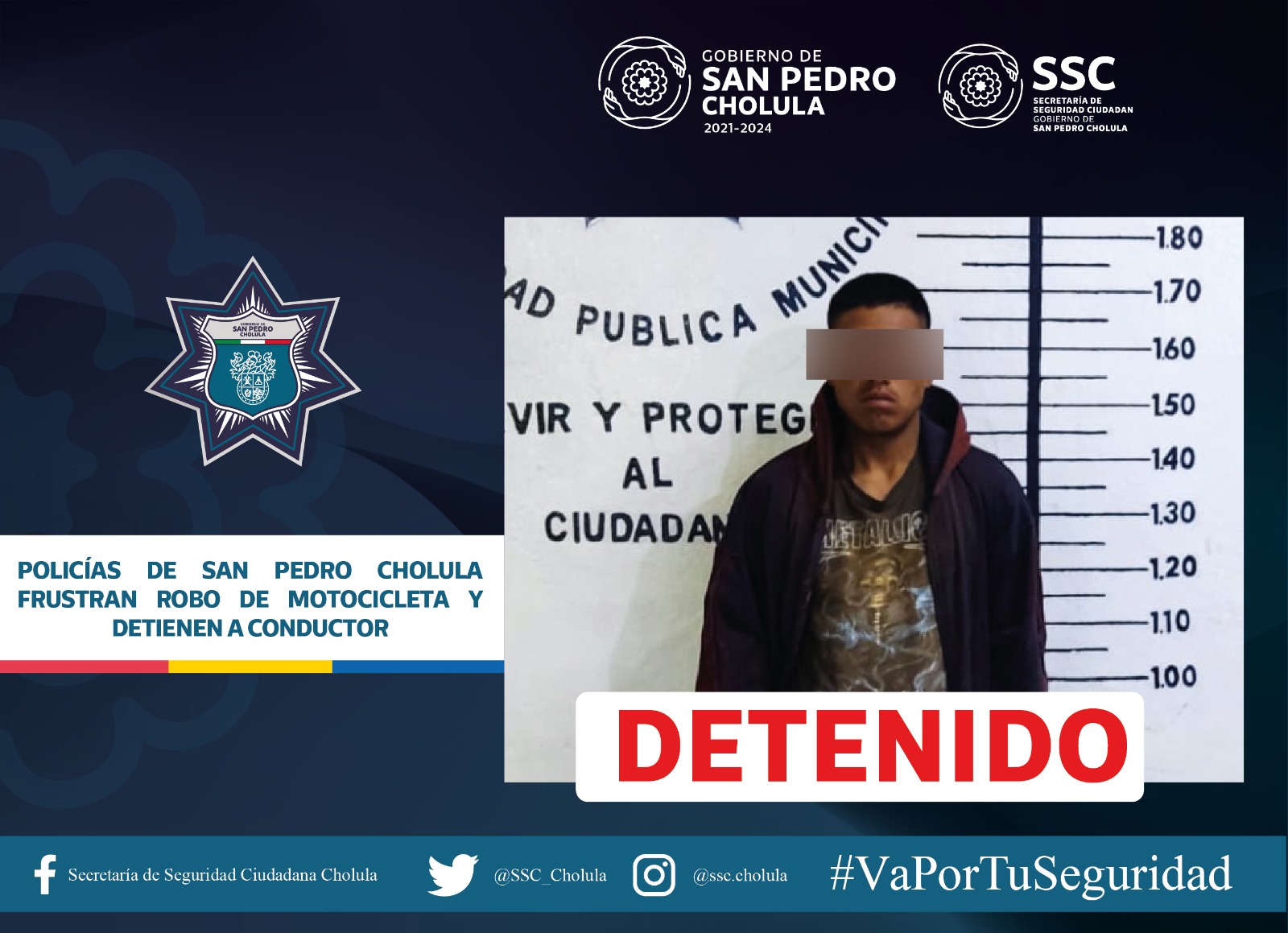 Policías de San Pedro Cholula frustran robo de motocicleta y detienen a conductor