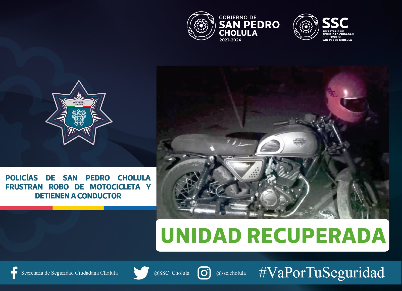 Policías de San Pedro Cholula frustran robo de motocicleta y detienen a conductor