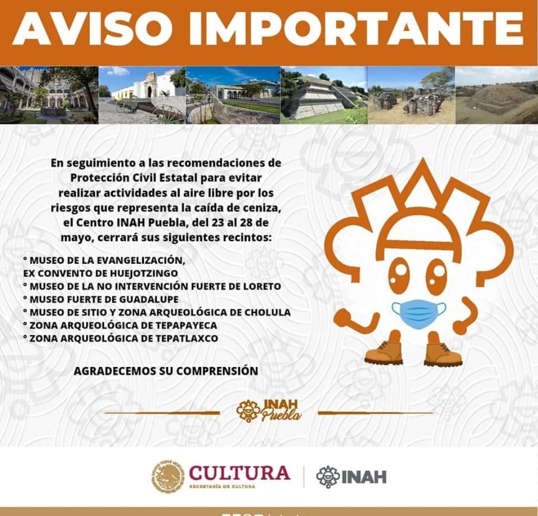 Cierra INAH Museo de Sitio y Zona Arqueológica de Cholula ante caída de ceniza volcánica