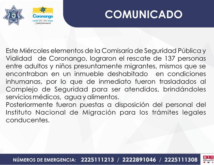 Por: Cortesía Lula Pineda Rescatan en Coronango a 137 inmigrante procedentes de centro américa