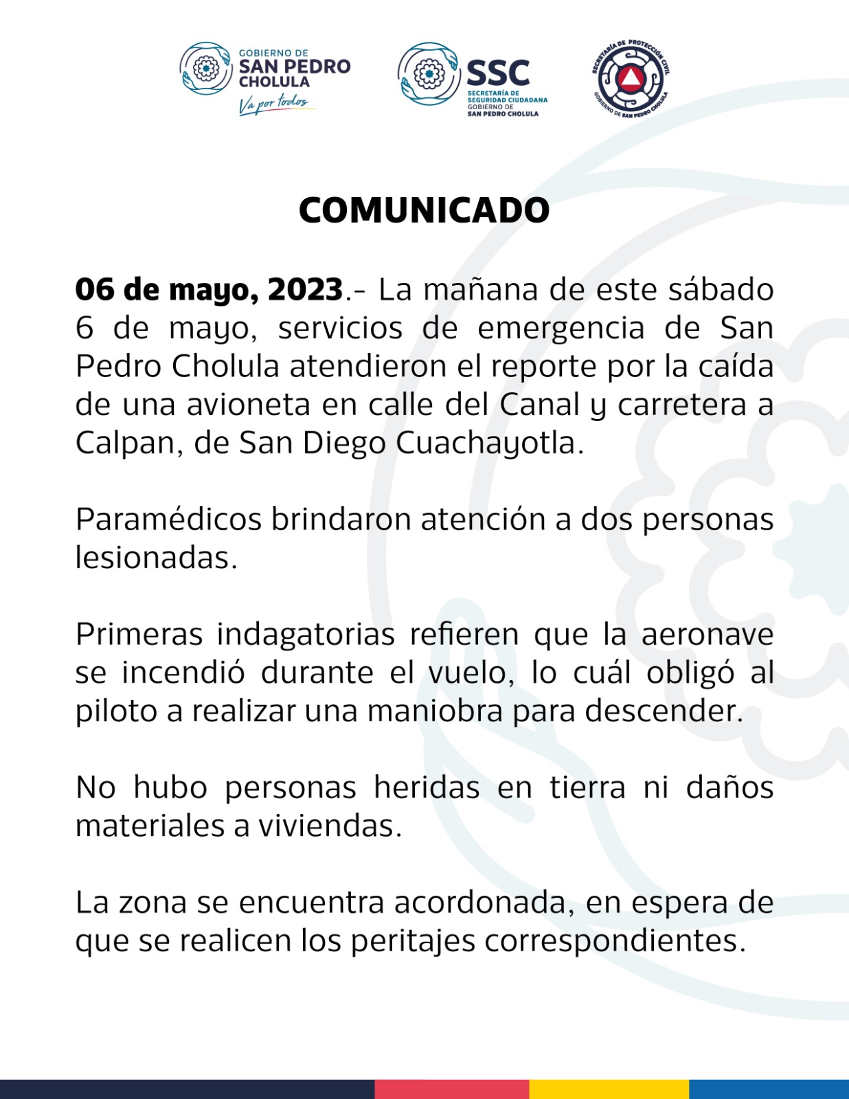 Comunicado oficial SSC y Protección Civil Cholula reportan caída de cessna, saldo dos personas levemente lesionadas