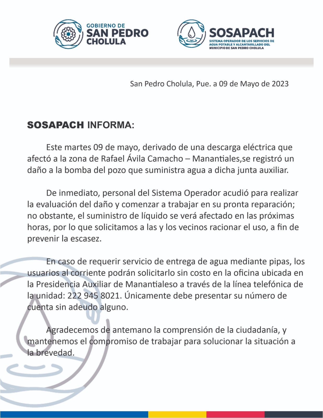 Comunicado oficial Sosapach trabaja para solucionar a la brevedad bomba del pozo de Manantiales