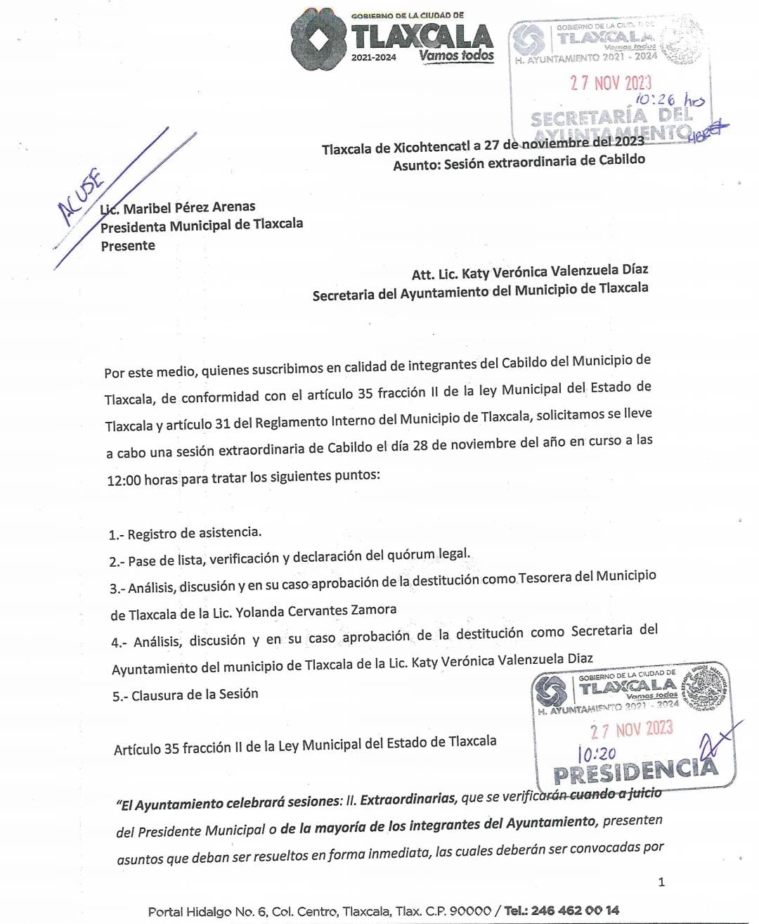 Por: Cortesía  Pide cabildo de Tlaxcala destitución de tesorera y secretaria