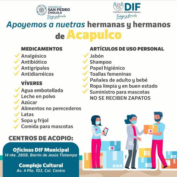 Por: Cortesía Lula Pineda San Pedro Cholula abre centros de acopio para damnificados de Otis: SMDIF y Complejo Cultural