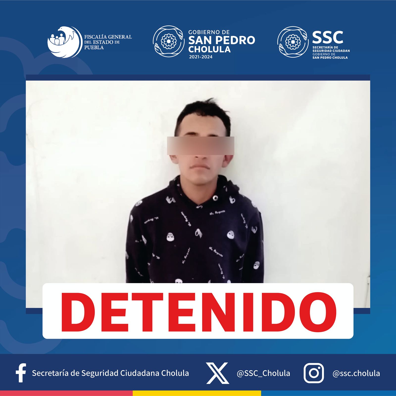 Comunicado oficial Policía de San Pedro Cholula, en coordinación con FGE, detiene a presunto autor material del homicidio registrado en Tepalcatepec