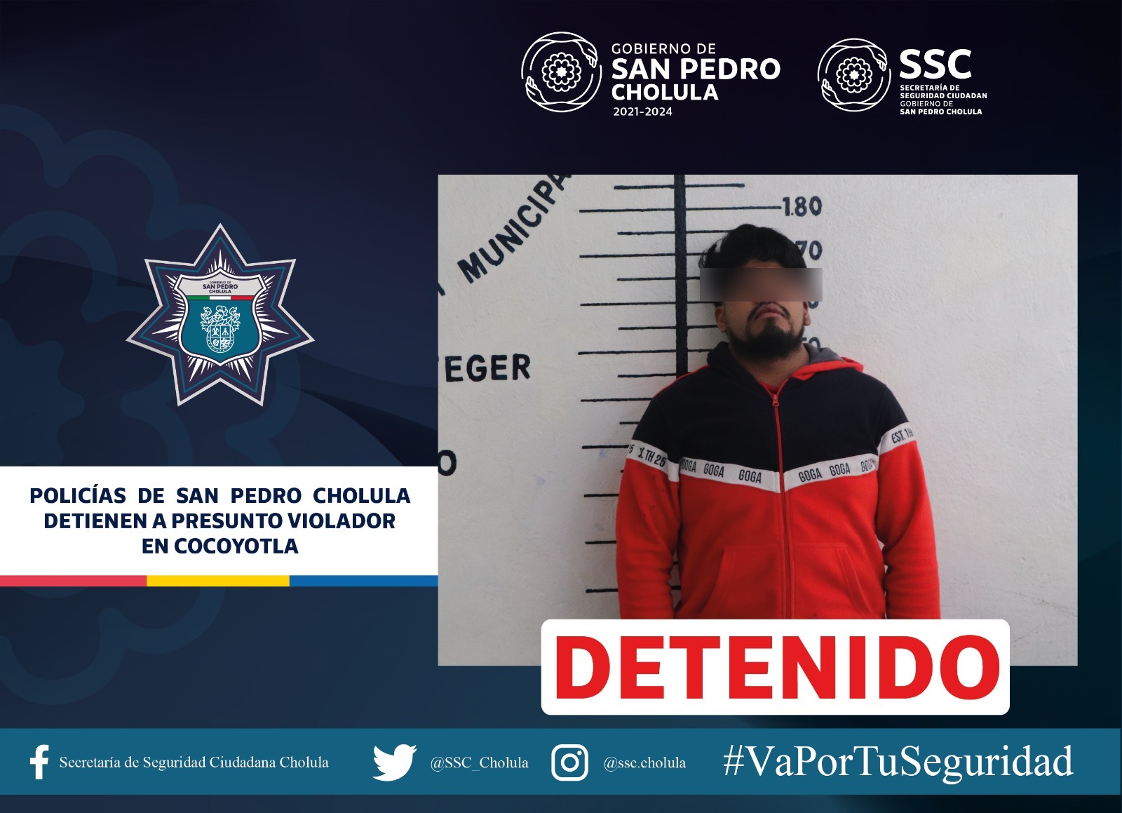 Comunicado oficial Policías de San Pedro Cholula detienen a presunto violador, en Cocoyotla