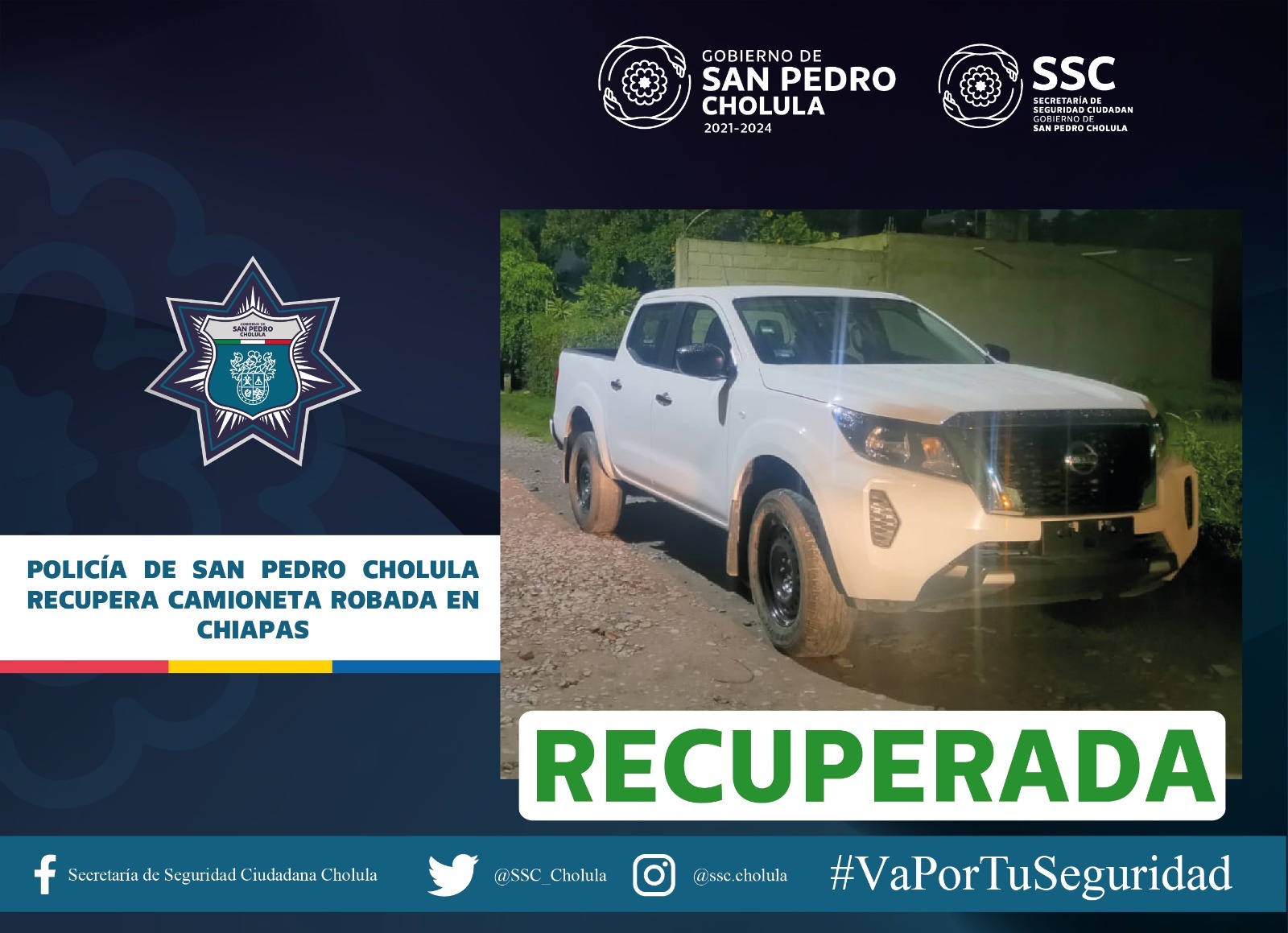 Comunicado oficial Policía de San Pedro Cholula recupera camioneta robada en Chiapas