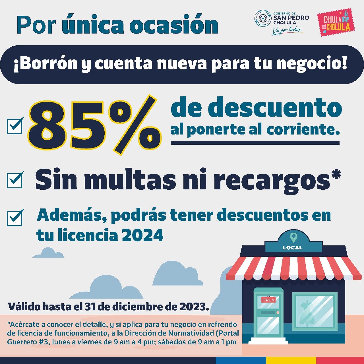 Comunicado oficial Por única ocasión: descuento de 85% en refrendo de comercios y de 100% en multas y recargos