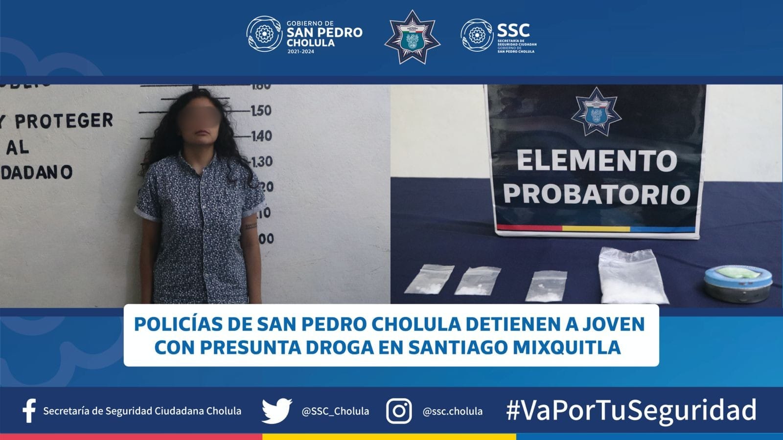 Comunicado oficial Policías de San Pedro Cholula detienen a joven con presunta droga en Santiago Mixquitla