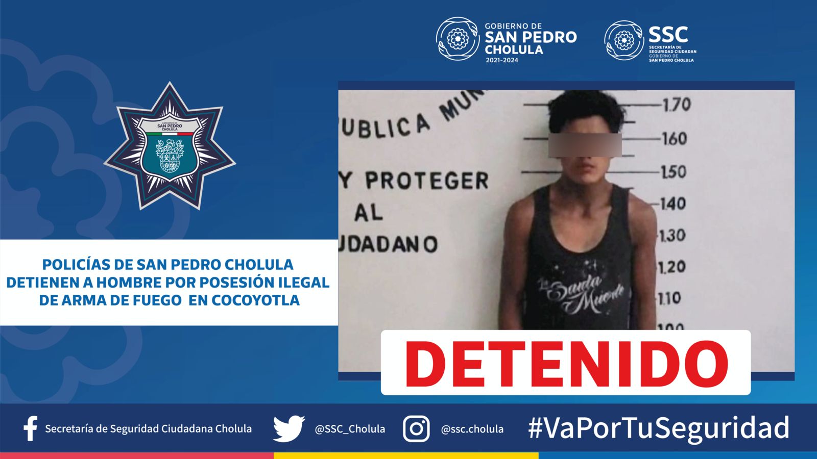 Comunicado oficial Policías de San Pedro Cholula detienen a hombre por posesión ilegal de arma de fuego en Cocoyotla