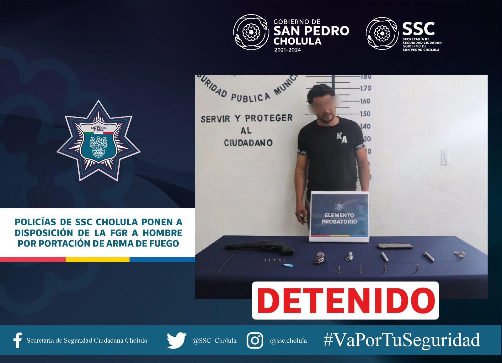 Comunicado oficial Policías de SSC Cholula ponen a disposición de la FGR a hombre por portación de arma de fuego