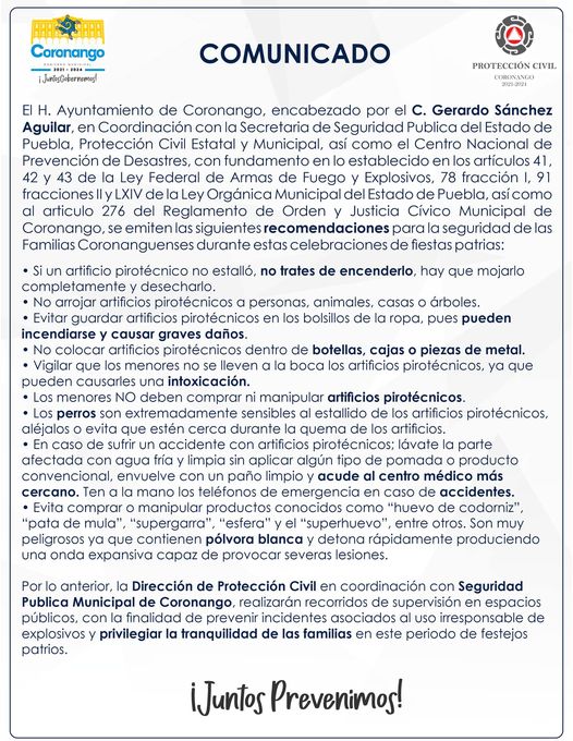 Por: Cortesía Lula Pineda Ayuntamiento emite recomendaciones a coronanguenses a fin de evitar accidentes en los festejos patrios