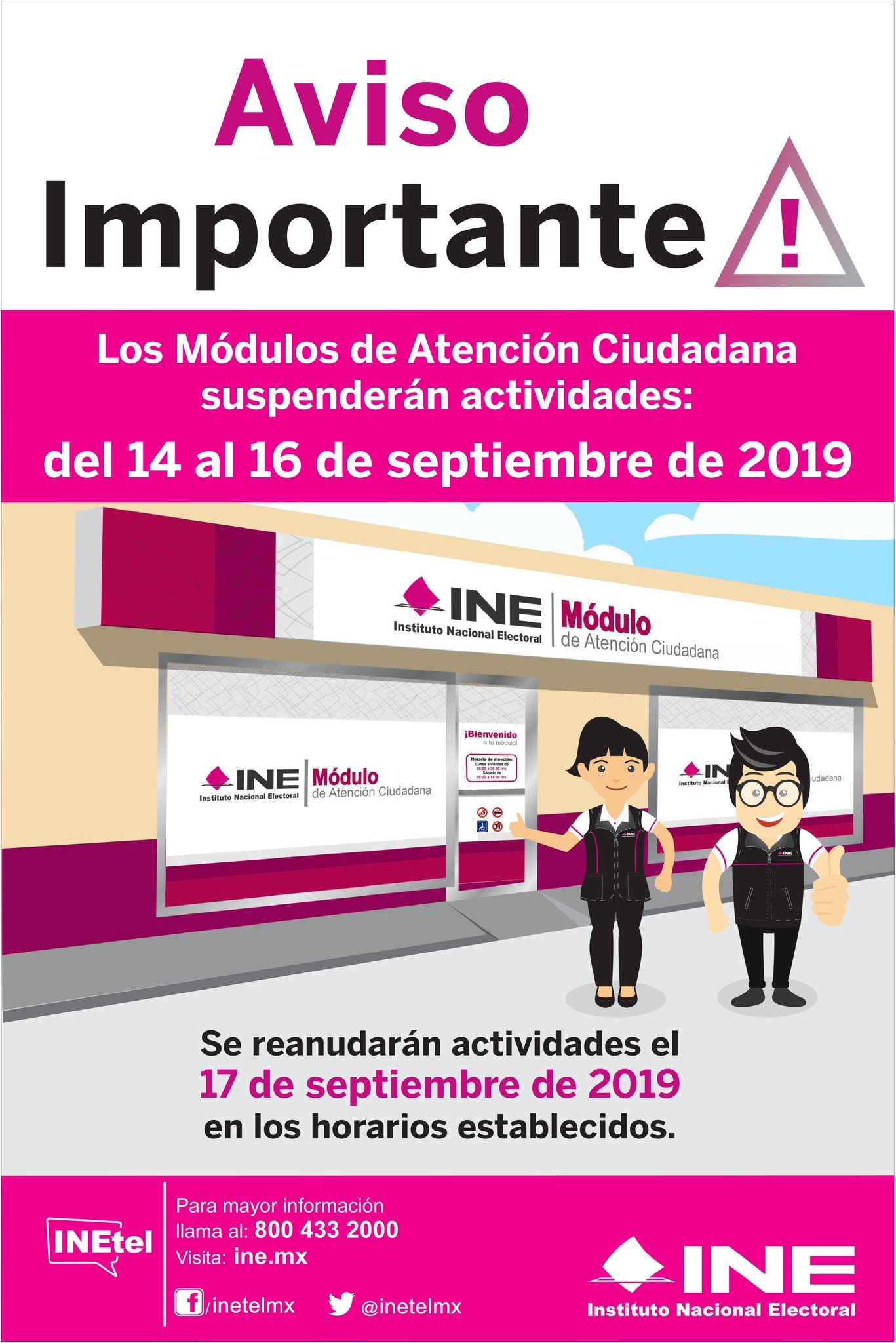 INE cerrará módulos del 14 al 16 de septiembre 