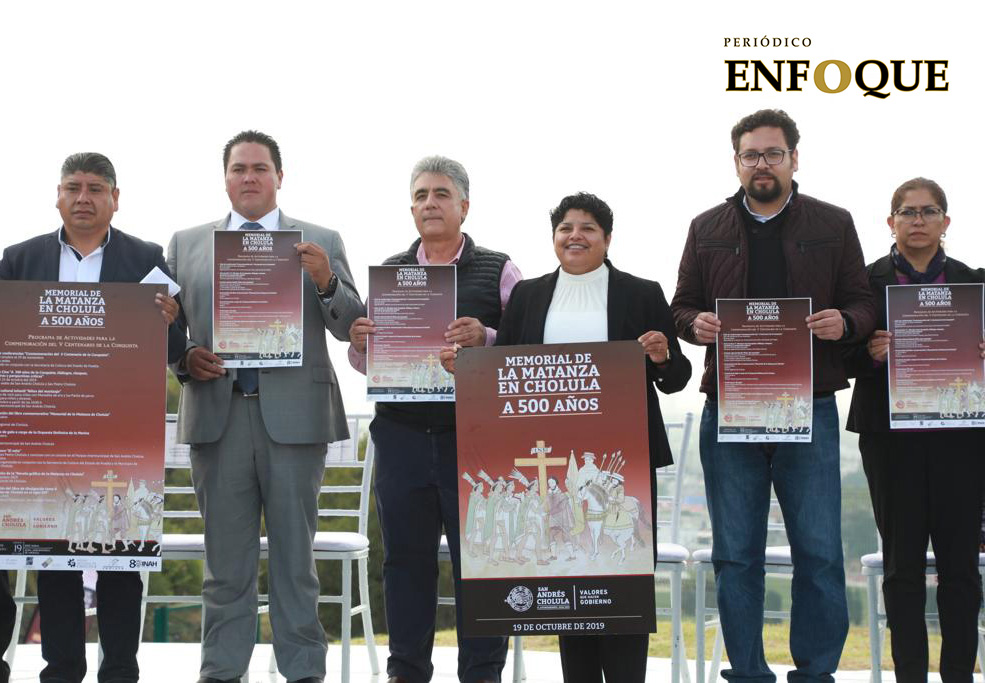 Foto: Cortesía  Karina Pérez Popoca presenta cartel del “Memorial de la Matanza en Cholula. A 500 Años”