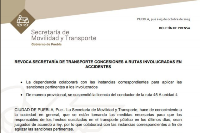 Foto: @MTGobPue Secretaría de Transporte revoca concesiones a rutas involucradas en accidentes