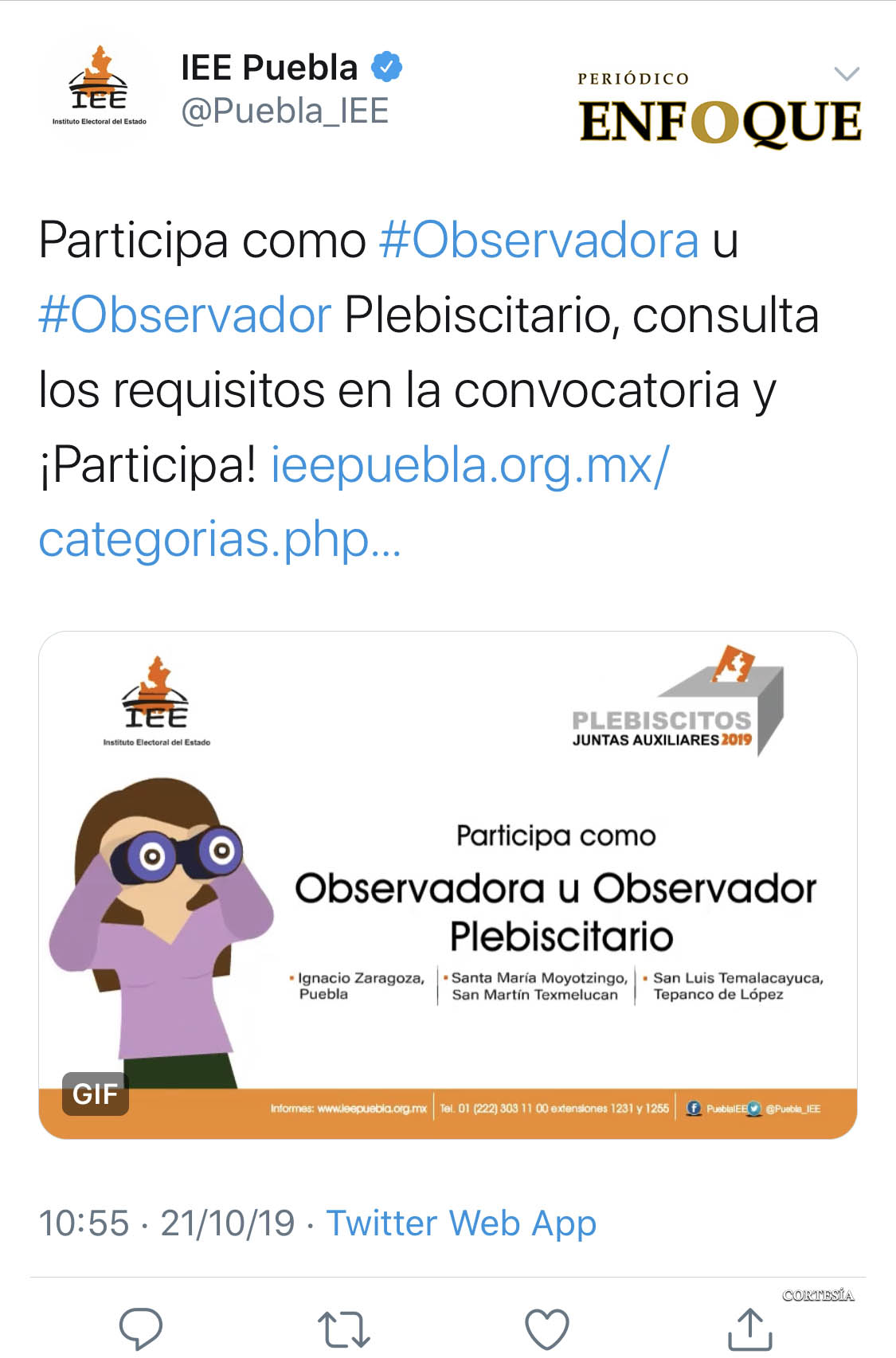 Foto: Cortesía  IEE lanza convocatoria para ser Observador Electoral en plebiscito de juntas auxiliares