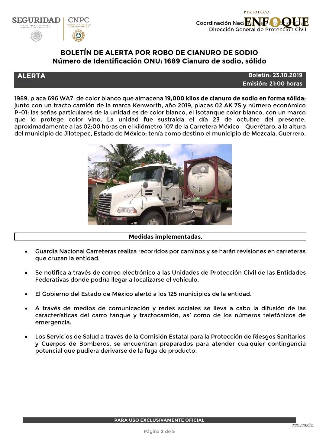 Puebla en alerta por robo de pipa con cianuro de sodio 