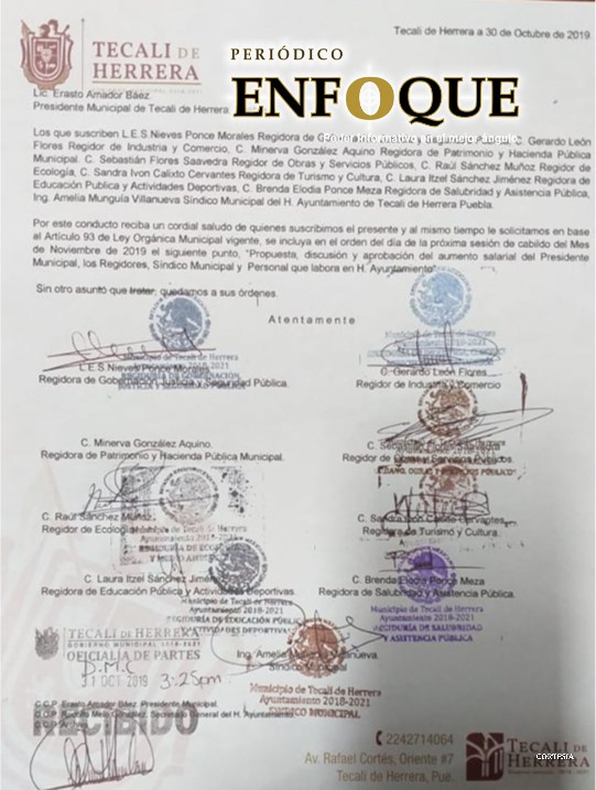 Foto: Cortesía  ¡Adiós austeridad! Piden aumento de sueldo regidores de Tecali.