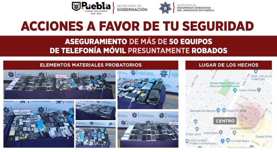 Foto: Cortesía Aseguraron SSC de Puebla Y SEGOM más de 50 teléfonos celulares, al parecer de procedencia ilícita (Video)