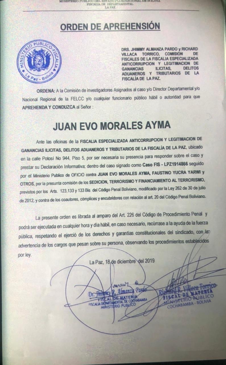Foto: Cortesía Gobierno de Bolivia gira orden de captura contra Evo Morales