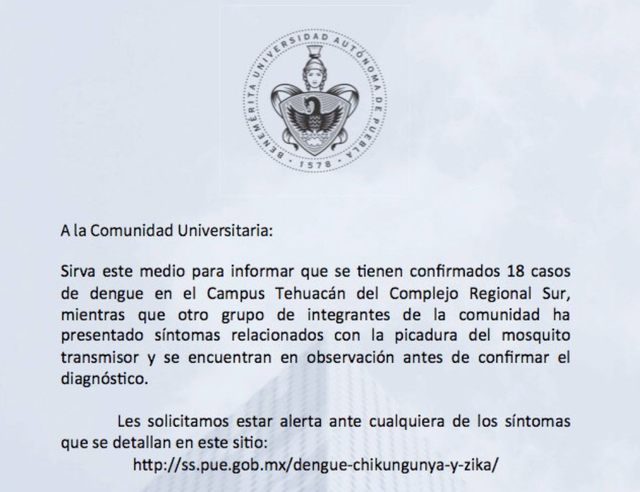 BUAP reporta 18 casos de dengue en campus Tehuacán